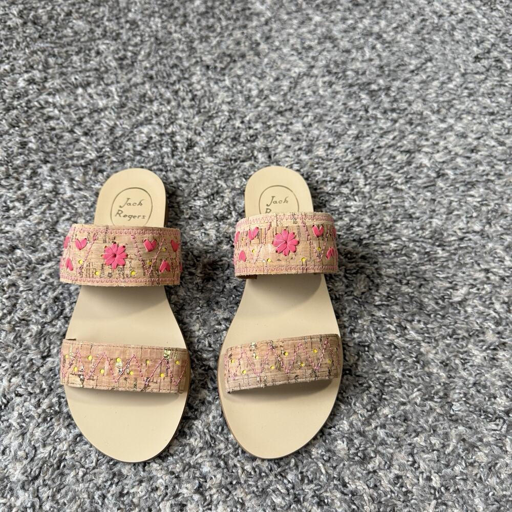 Jack Rogers Adair Sandals Pink Flower Embroidered Cork Slide 7 NEW Read